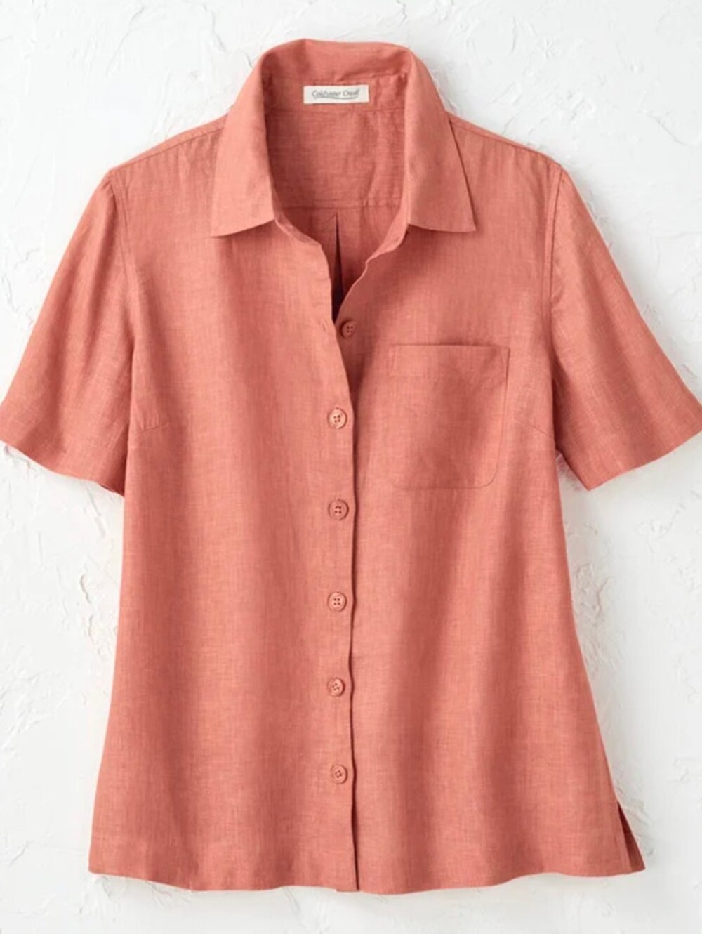 Coldwater Creek 100% Linen Short Sleeve Button Front Shirt Coral Peach MP